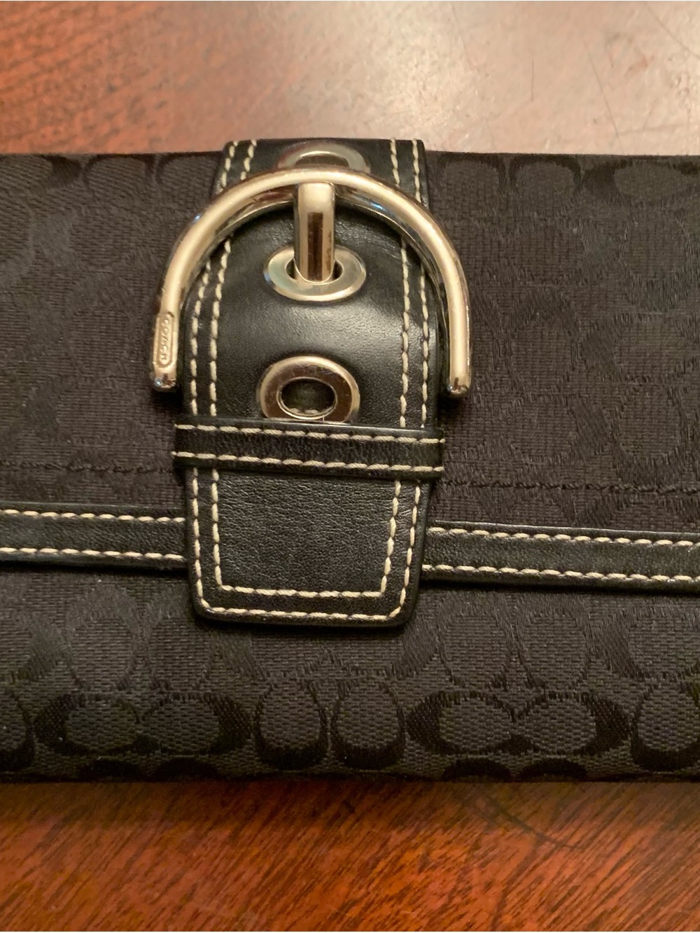 Coach Black Signature Canvas Wallet with Silver Buckle